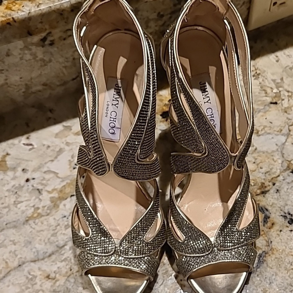 Jimmy Choo "Karla" shimmering stiletto peep toe back zip heels. Sz. 40.(10) - Picture 12 of 16